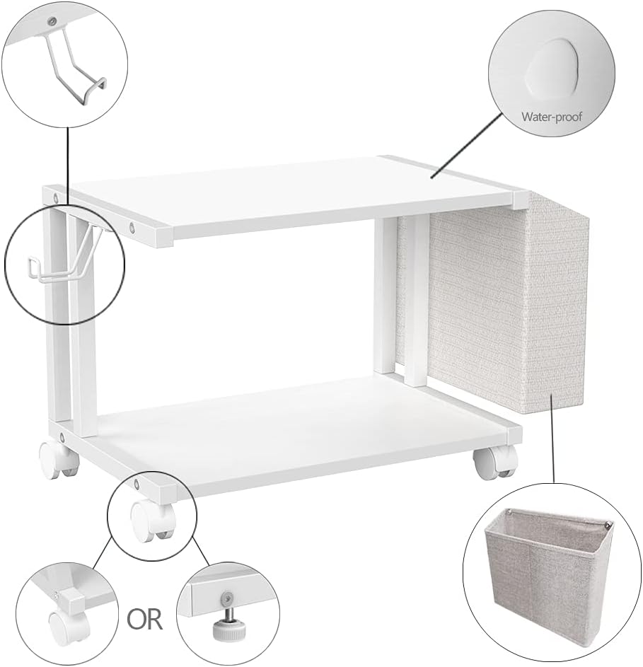 VEDECASA 2 Tier Modern White Wooden Under Desk Printer Stand with Storage Bag for Home Office Desktop Printer Table Organizer Mobile Printer Shelf Cart with Caster Wheel (White) - Image 7